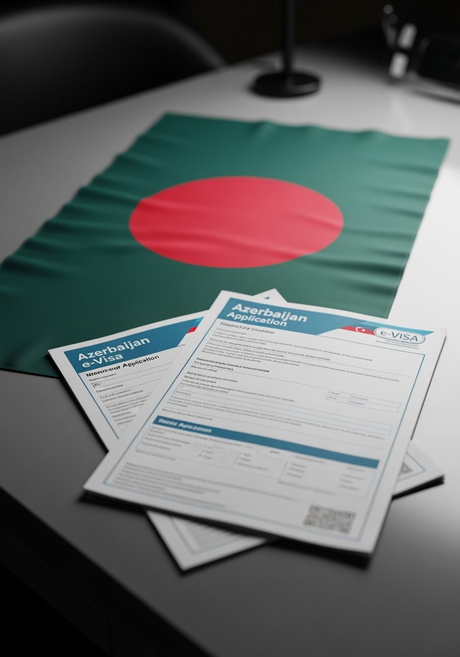 Bangladesh flag with Azerbaijan e-Visa documents