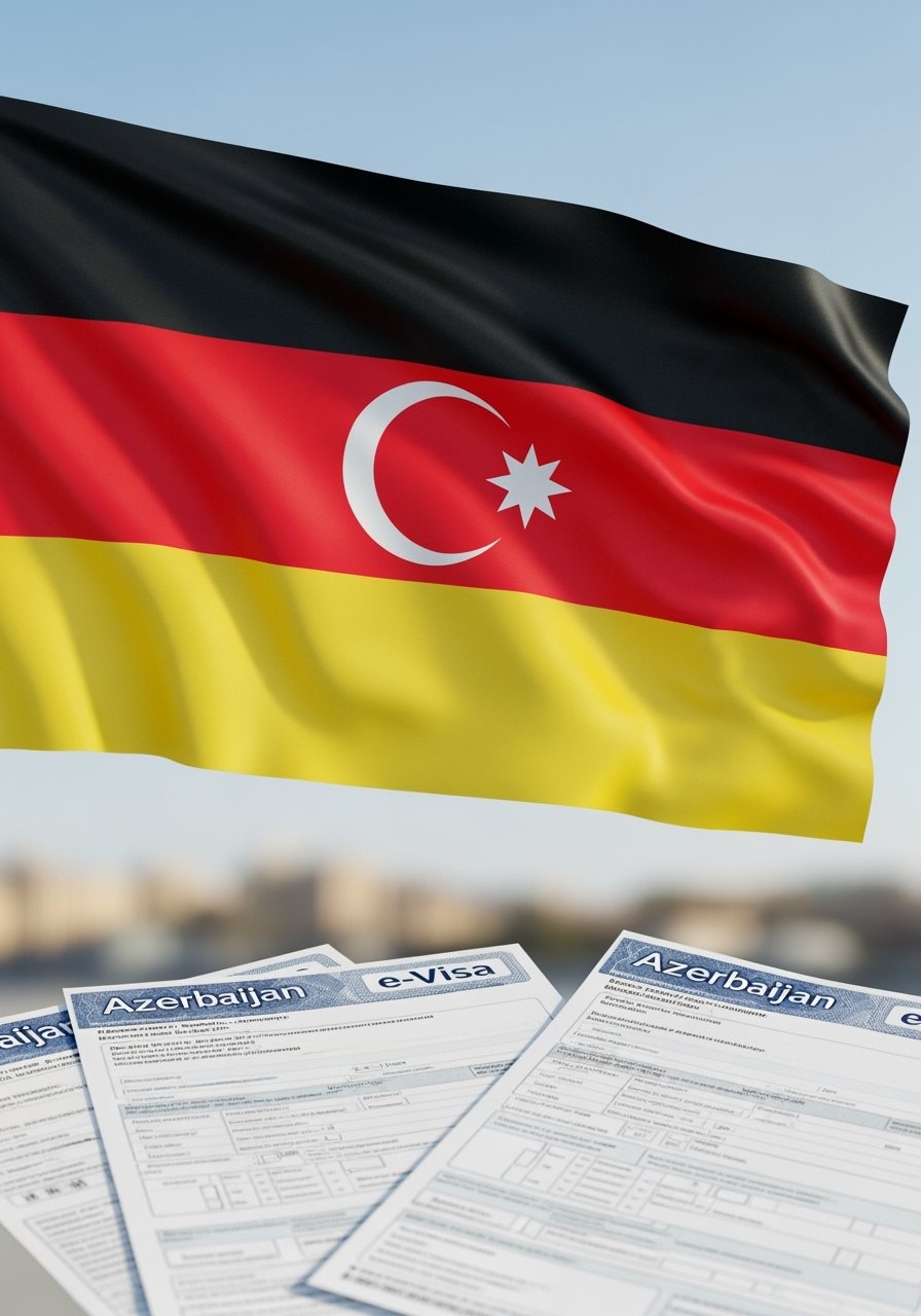 Germany flag with Azerbaijan e-Visa documents