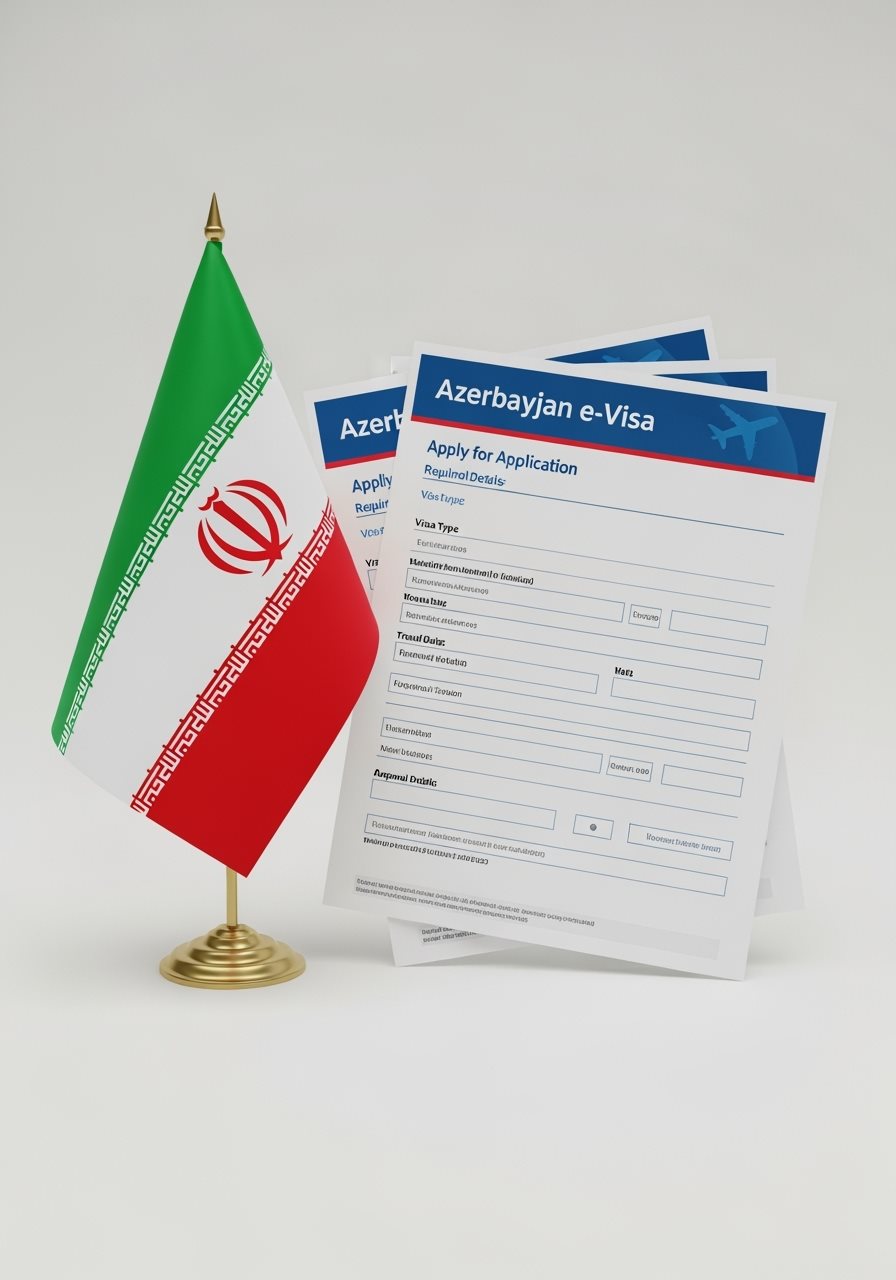 Iran flag with Azerbaijan e-Visa documents
