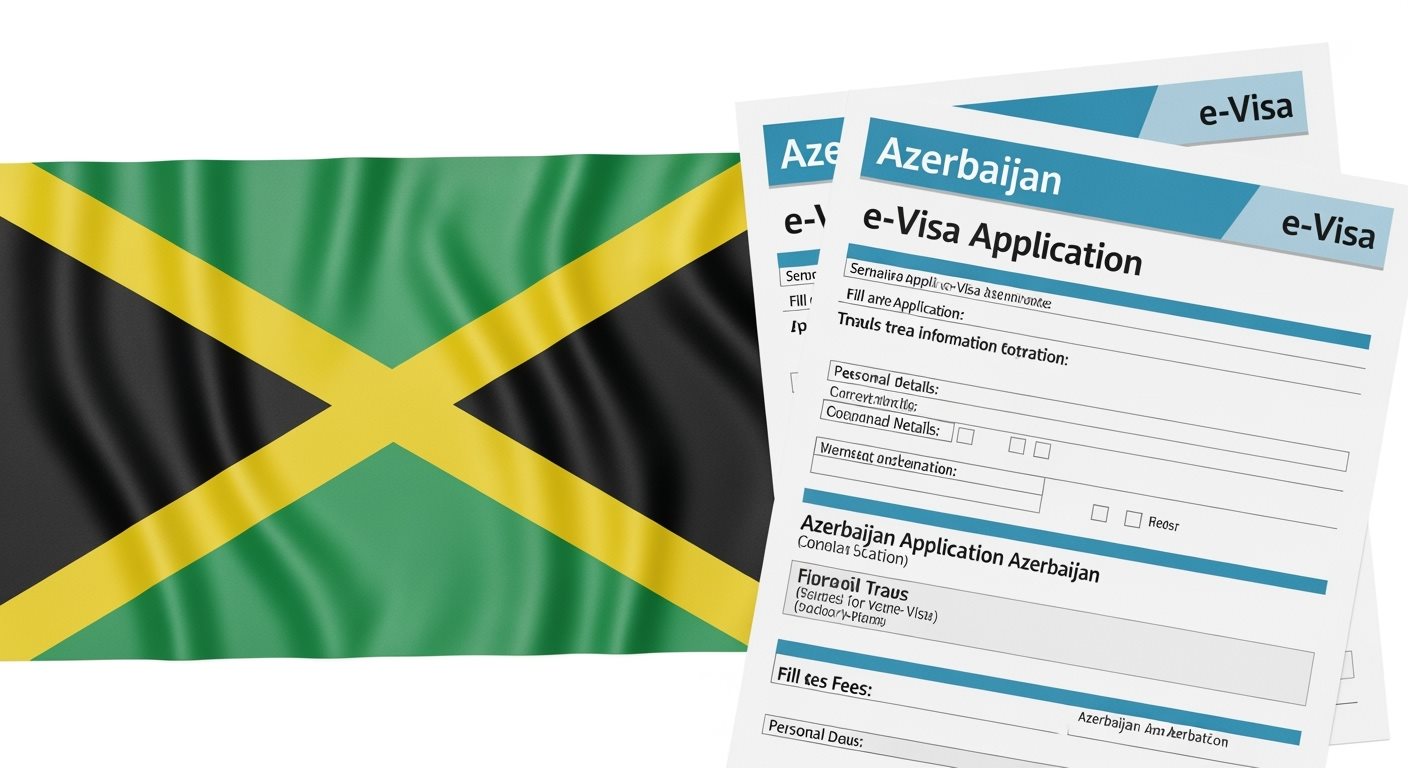 Jamaica flag with Azerbaijan e-Visa documents