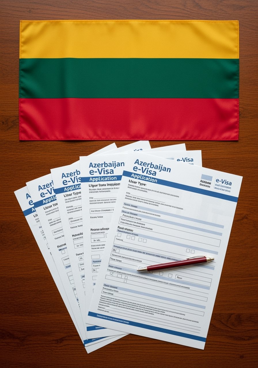Lithuania flag with Azerbaijan e-Visa documents
