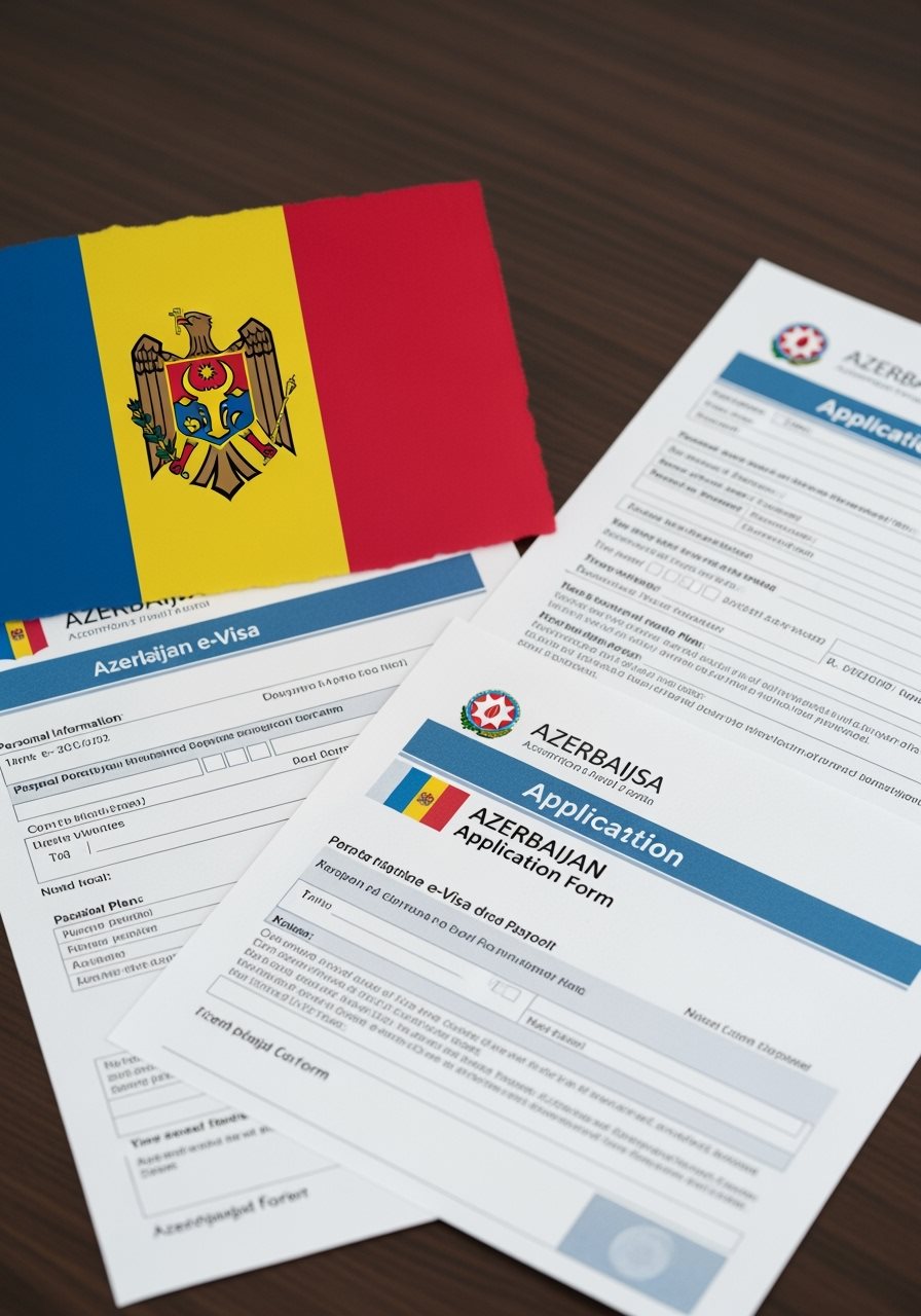 Moldova flag with Azerbaijan e-Visa documents