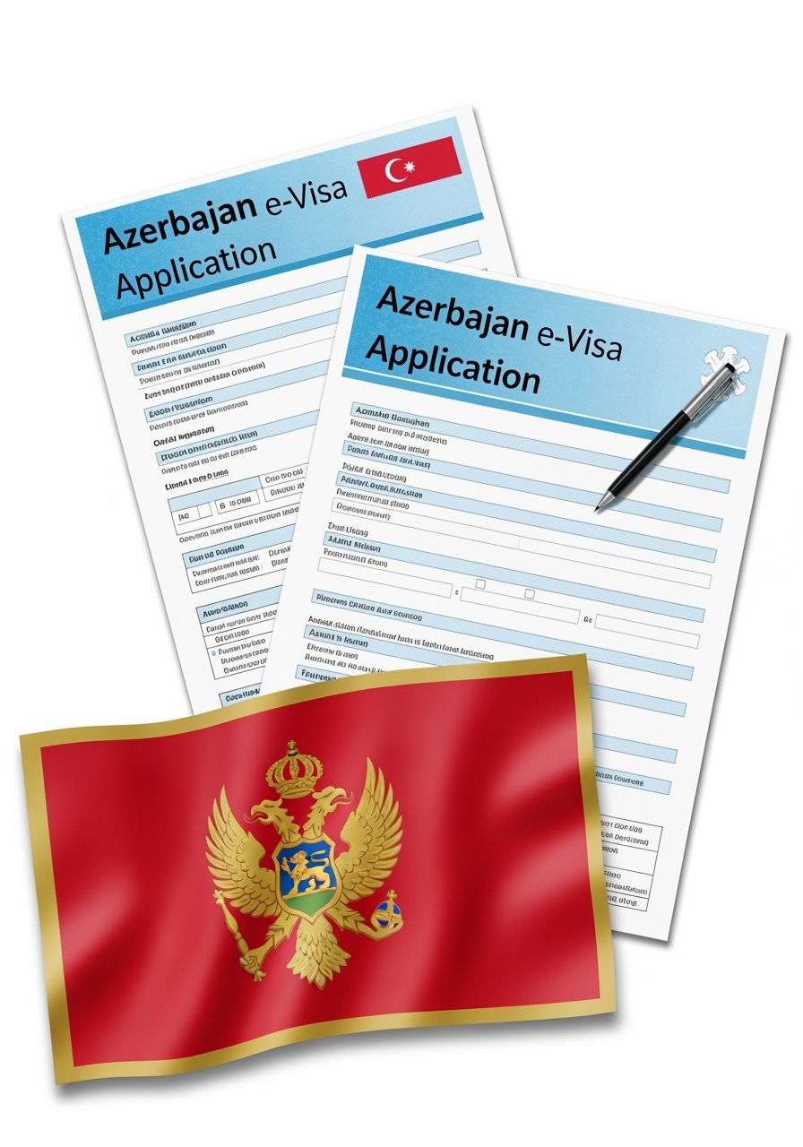 Montenegro flag with Azerbaijan e-Visa documents