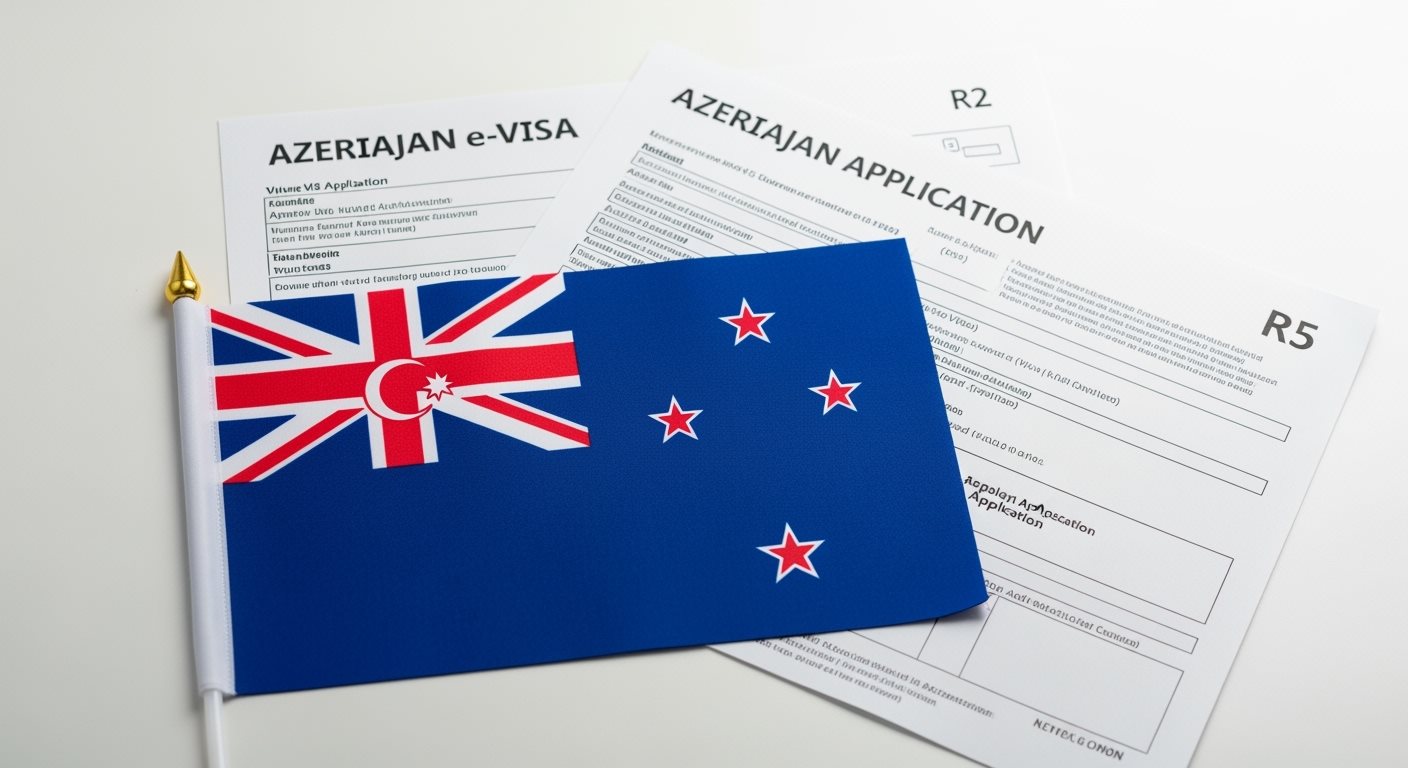 New Zealand flag with Azerbaijan e-Visa documents