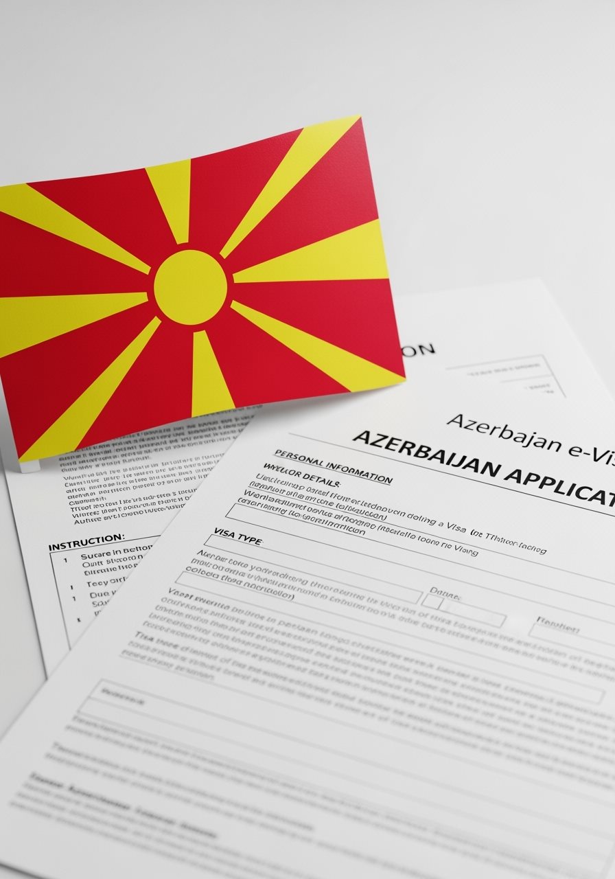 North Macedonia flag with Azerbaijan e-Visa documents