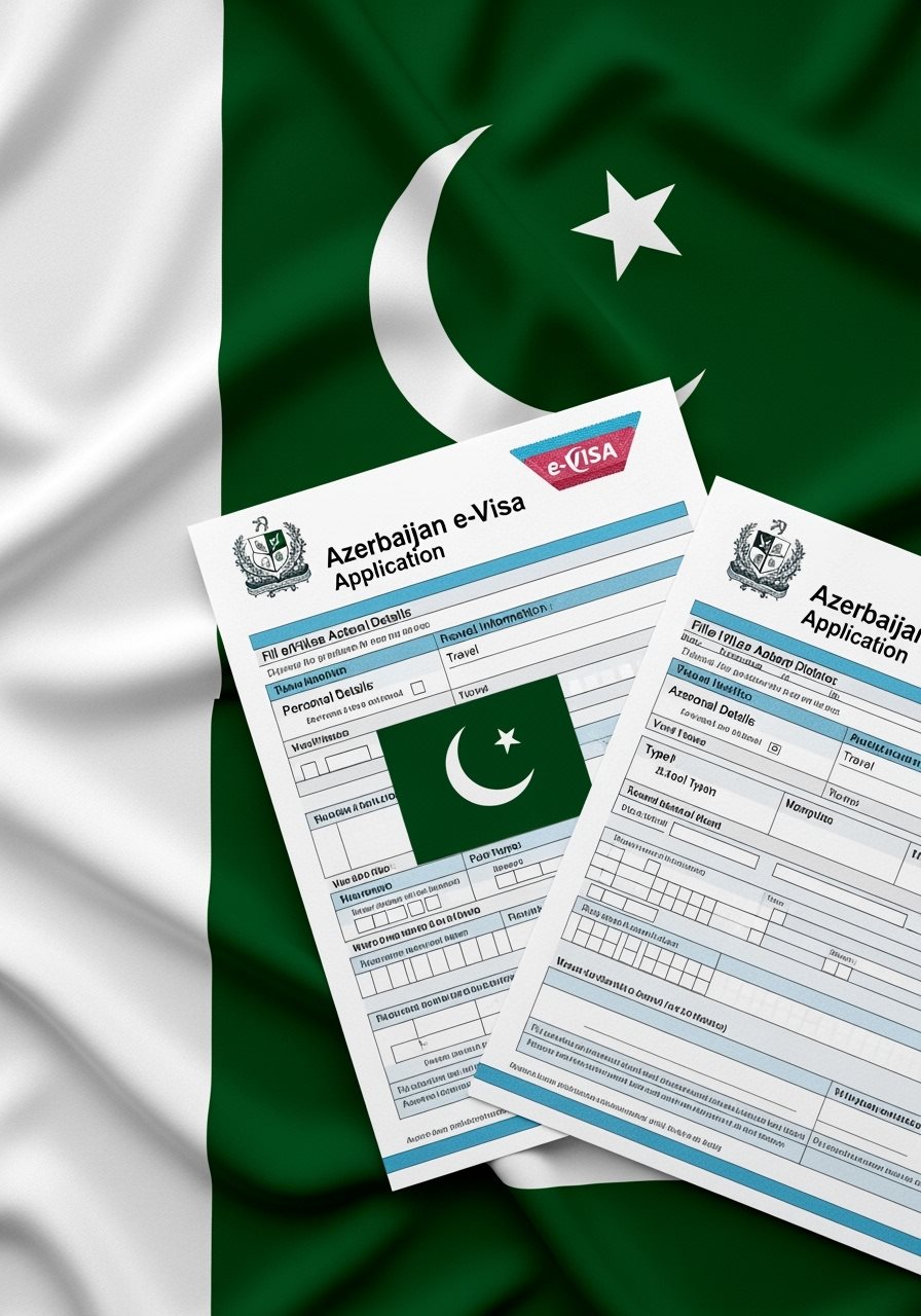 Pakistan flag with Azerbaijan e-Visa documents