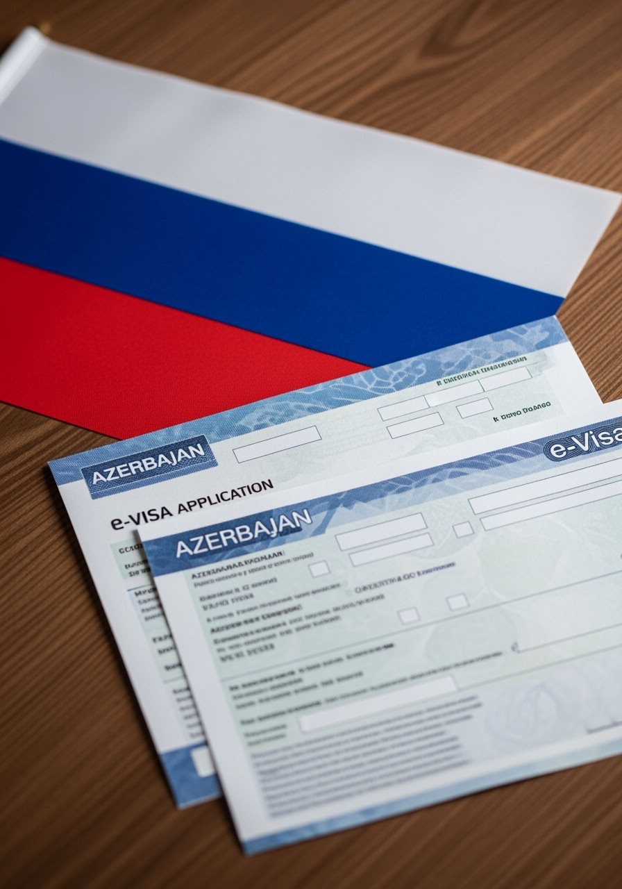 Russia flag with Azerbaijan e-Visa documents