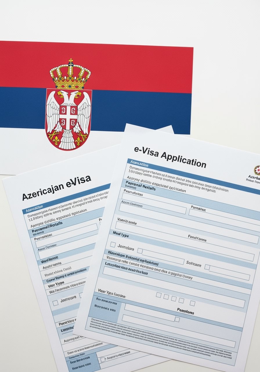 Serbia flag with Azerbaijan e-Visa documents