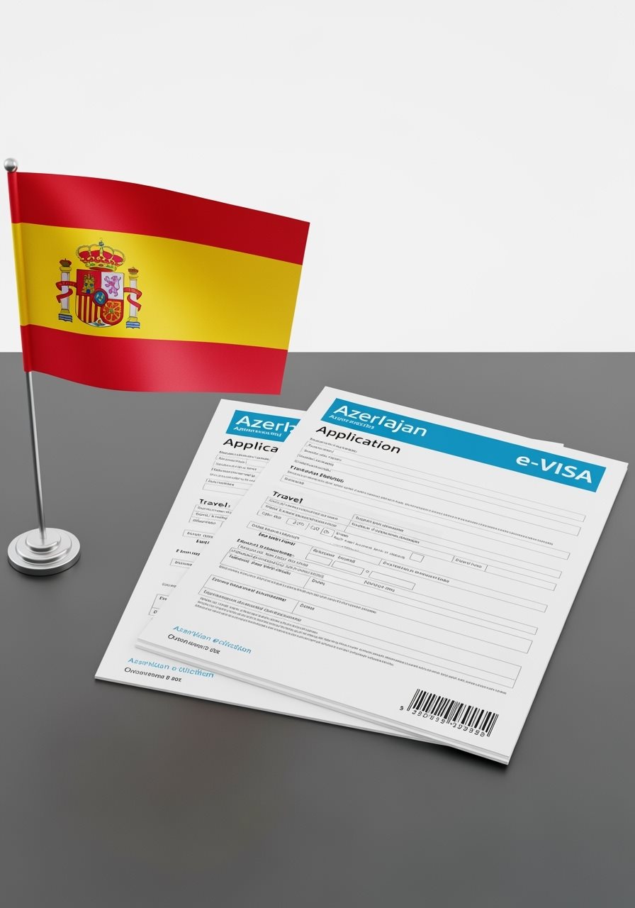 Spain flag with Azerbaijan e-Visa documents