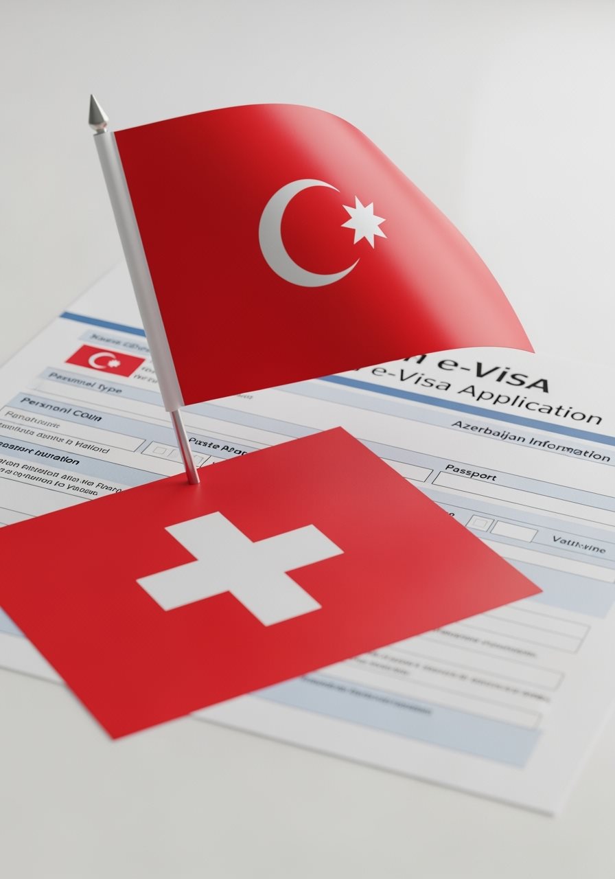 Switzerland flag with Azerbaijan e-Visa documents