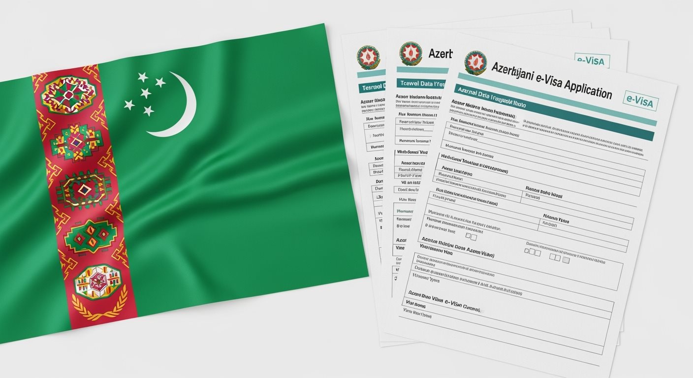 Turkmenistan flag with Azerbaijan e-Visa documents