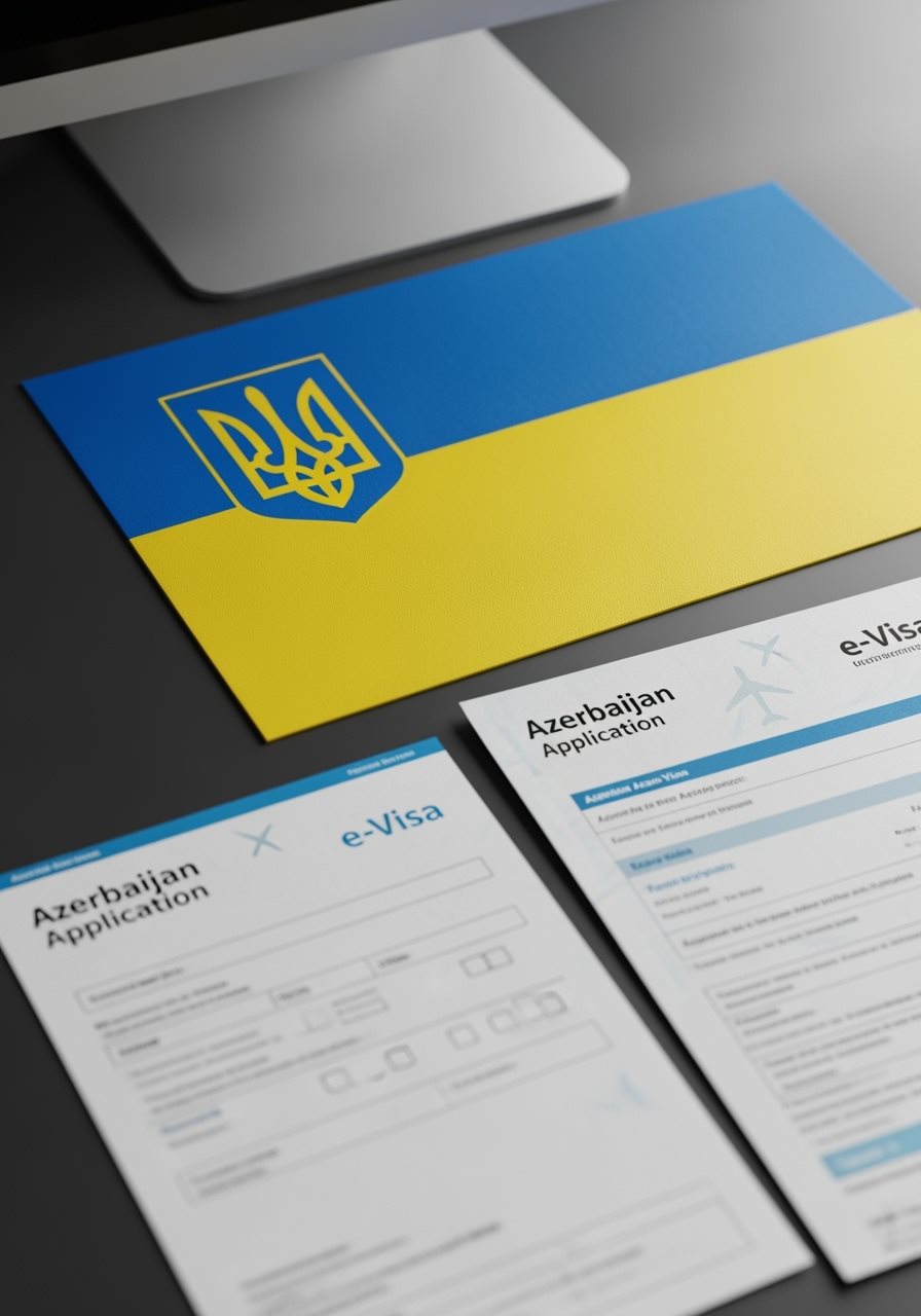 Ukraine flag with Azerbaijan e-Visa documents