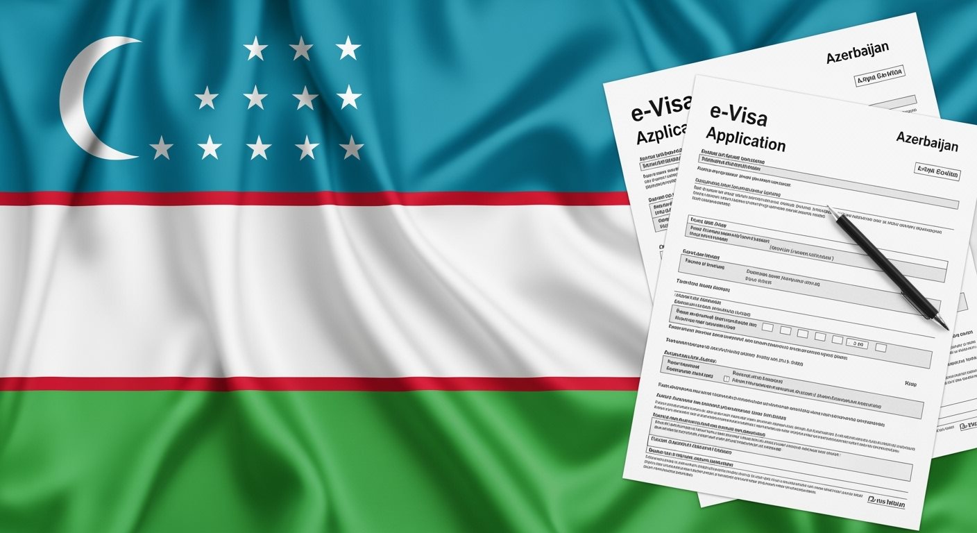 Uzbekistan flag with Azerbaijan e-Visa documents